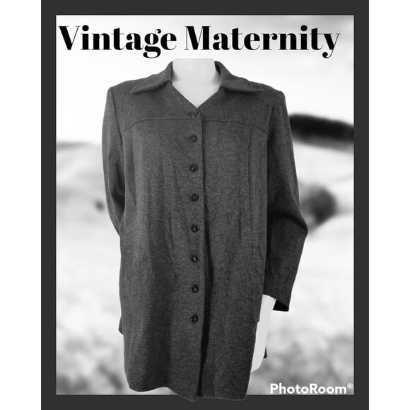 Maternity Shacket M Grey Banded Removable Collar Vtg Lightweight Flannel 90 - Picture 1 of 13